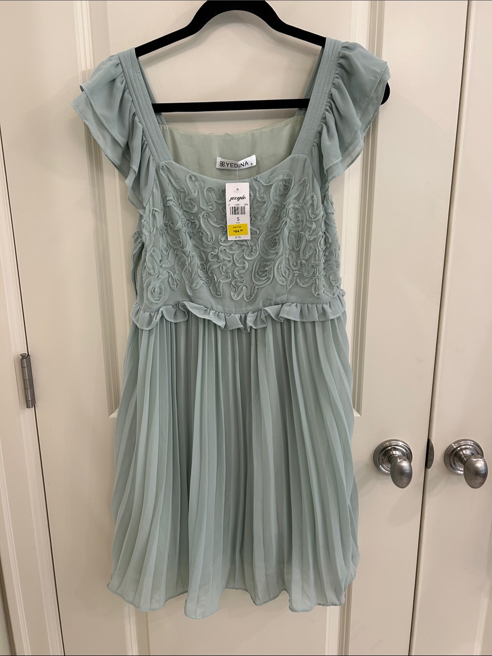 Yedina Mint Green Pleated Mini Dress with Ruffle Details